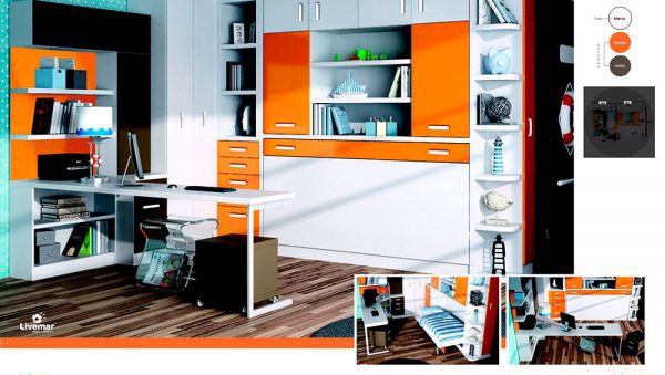 Cama abatible horizontal Livemar Comp19 con maleteros, estanterías y zona de estudio