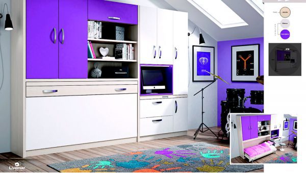 Cama abatible juvenil en tonos malva y blanco. Organización y espacio